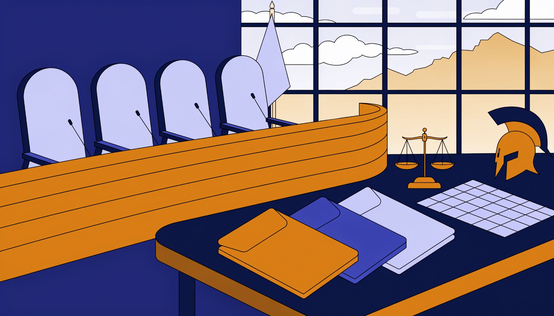 Illustration of an empty city council dais with three proposal folders, a balance scale and a scoring sheet on a table