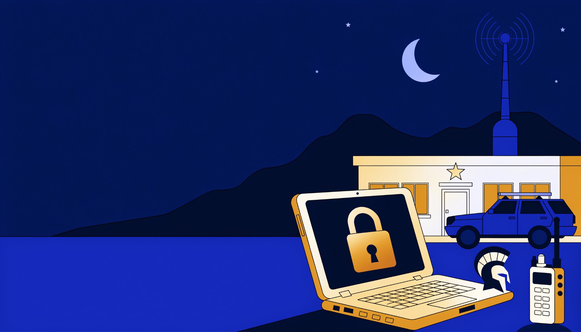 Illustration of a small police station at night with a patrol vehicle, and a laptop showing a padlock beside a radio