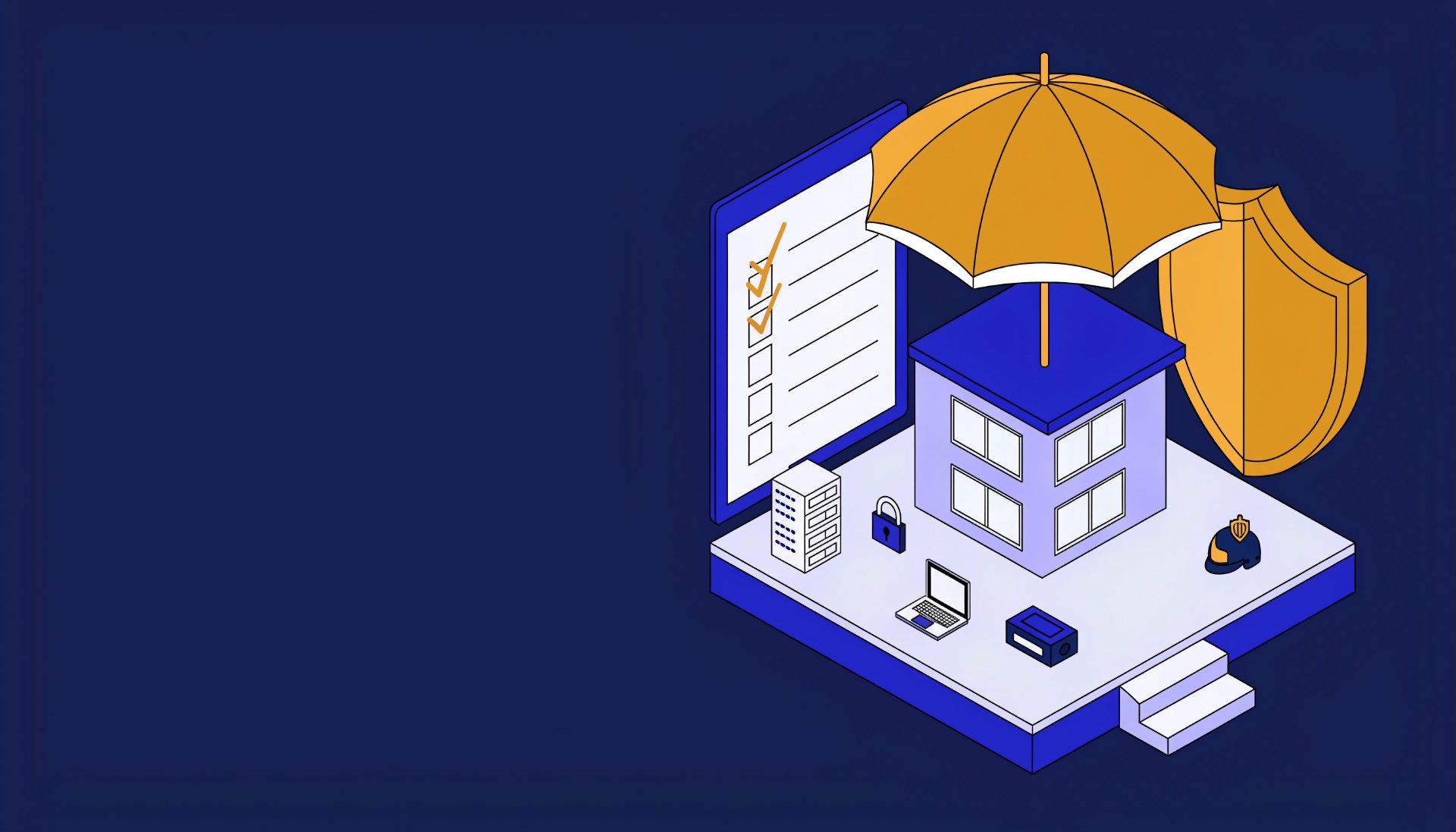 Illustration of a small office building under an umbrella beside a large checklist and a shield
