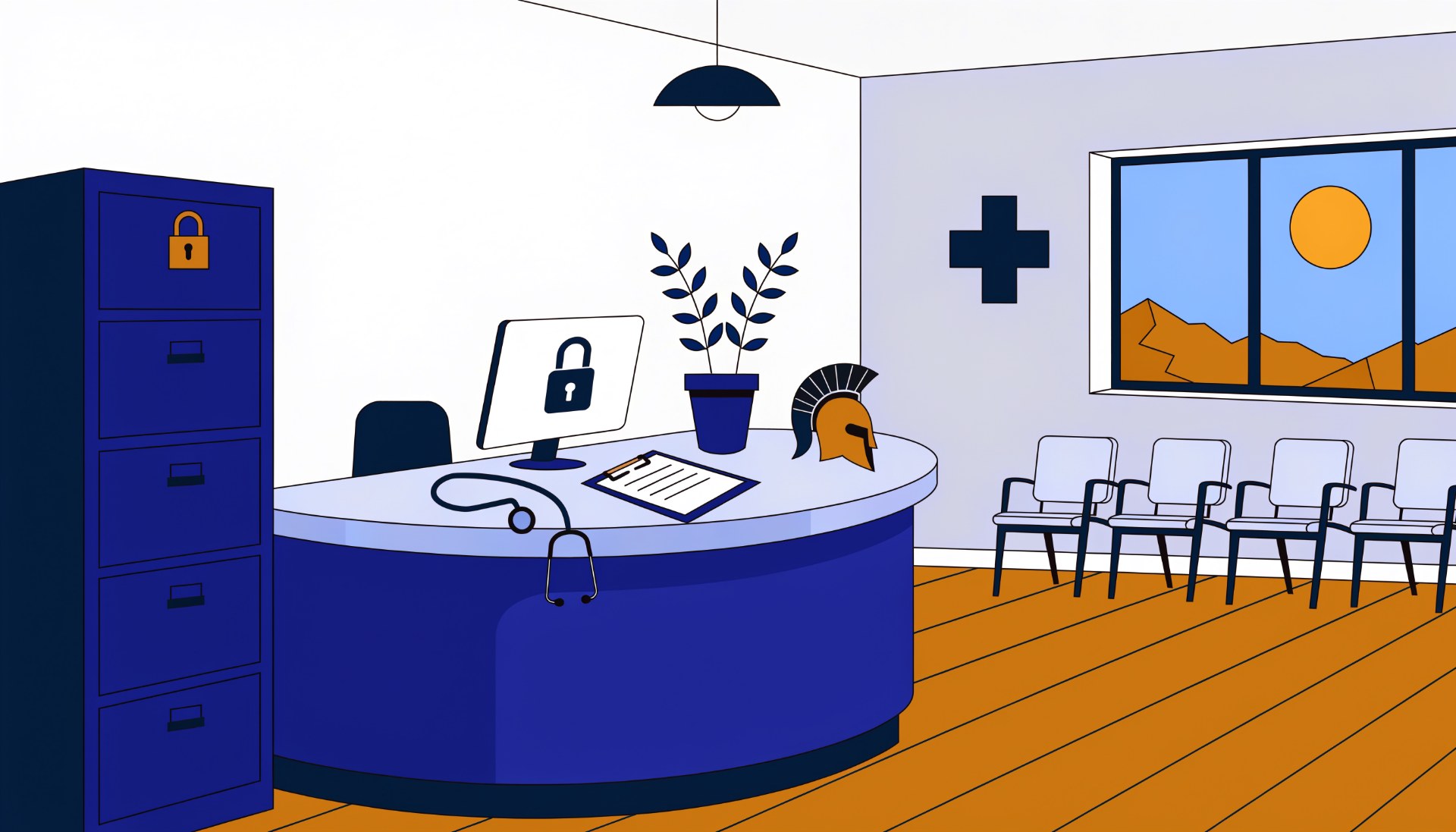 Illustration of a clinic front desk with a monitor showing a padlock, a locked filing cabinet and waiting chairs