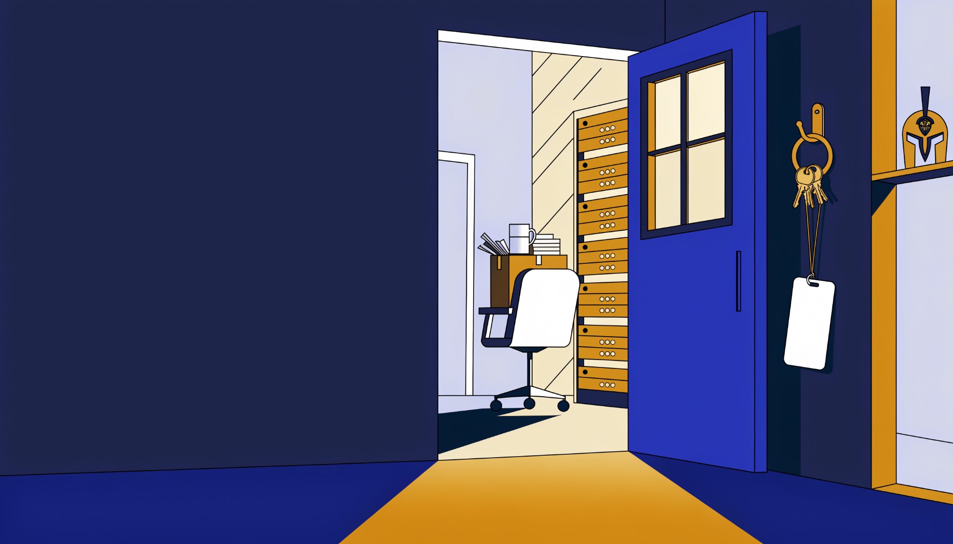 Illustration of an open server closet door with keys and a badge hanging beside it and an empty chair inside