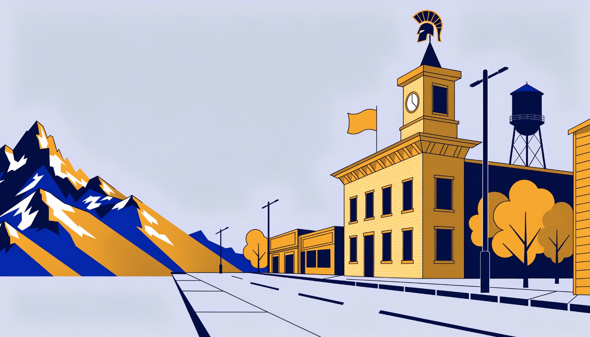 Illustration of a small town main street with a brick city hall and clock tower, with mountains behind
