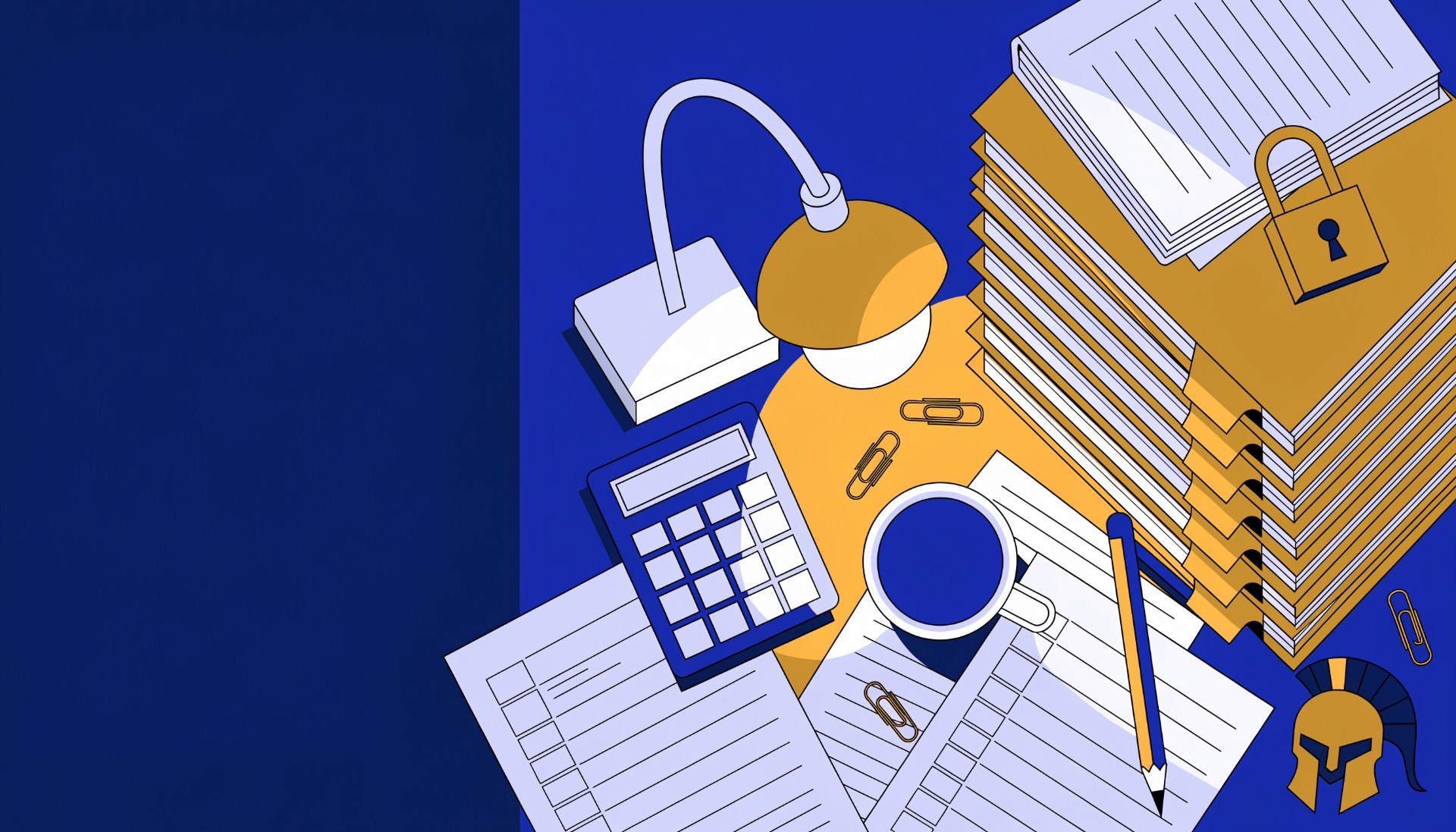 Illustration of an accountant's desk seen from above with stacked client folders, a binder with a padlock, a calculator and a lamp
